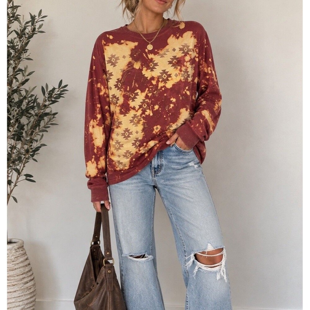 Aztec Acid Wash Southwestern Print Long Sleeve Shirt Size Small Orange Yellow
